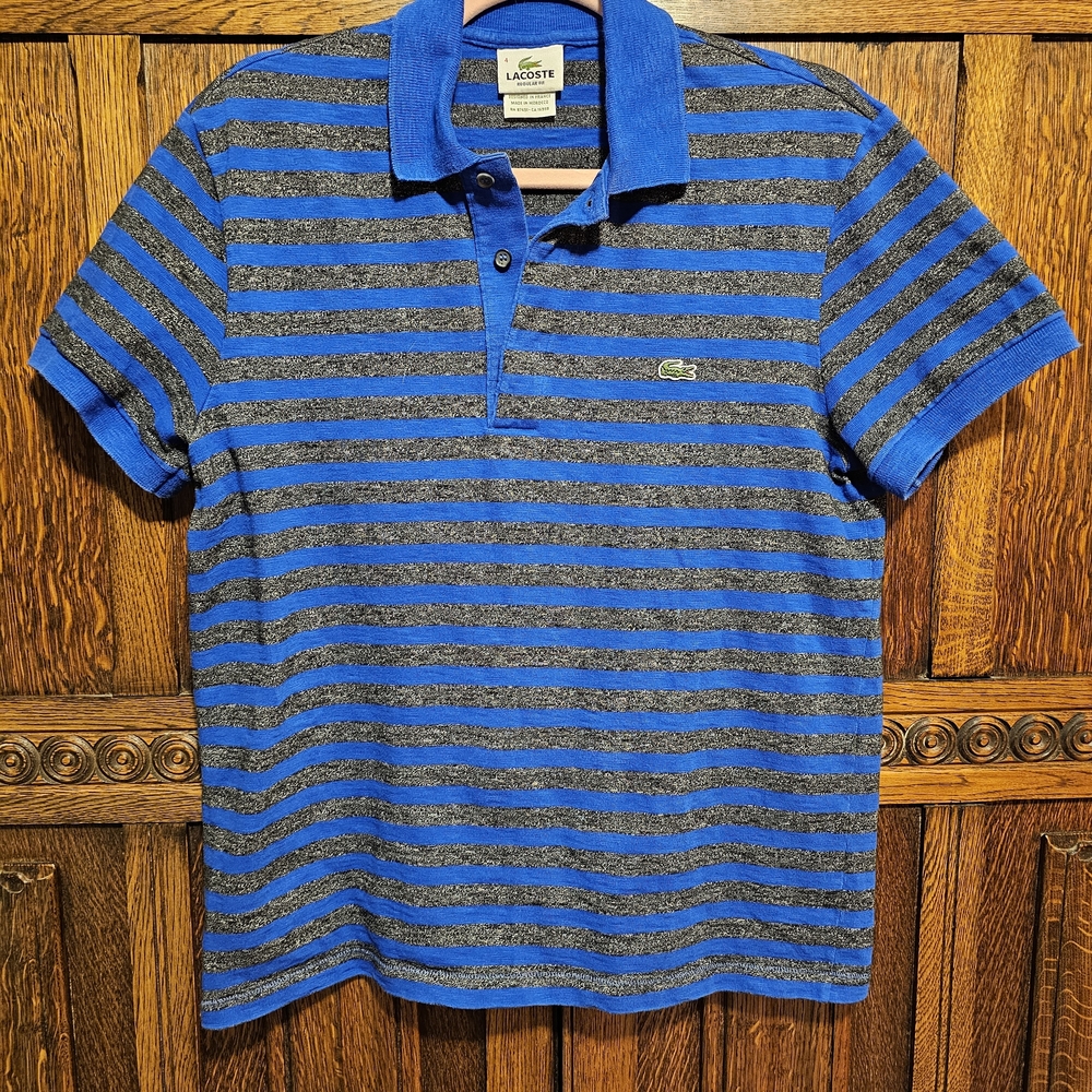 Lacoste Men's Blue and Gray Striped Polo Shirt Size 4